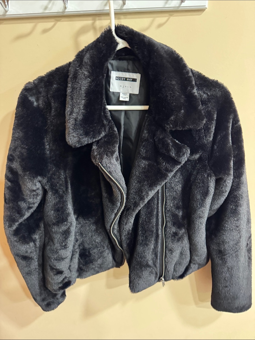 Noisy May Plush Faux Fur Zip Jacket in Charcoal Gray